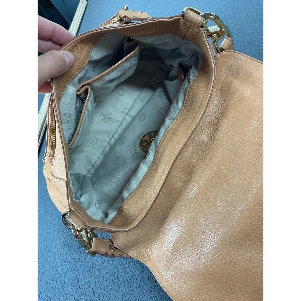 Tory Burch Shoulder Bag Womens Medium Tan Leather Pebbled Adjustable Strap